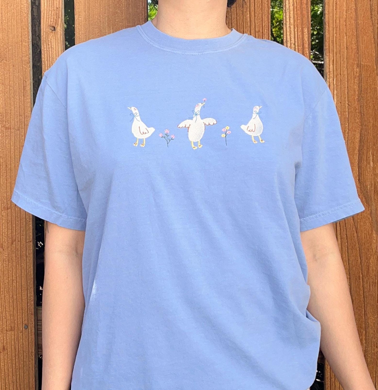 Goose Embroidered Tee Embroidered Duck Shirt Embroidered Goose Shirt Ducks & Flowers Tee Embroidered Geese Flowers T-Shirt