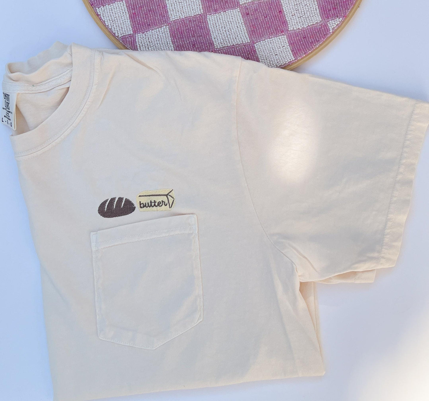Embroidered Bread & Butter Tee Embroidered Fun Pocket Tee Comfort Colors Bakery Shirt Barista Gift Shirt Small Bakery Shop Tee Coffee Tee