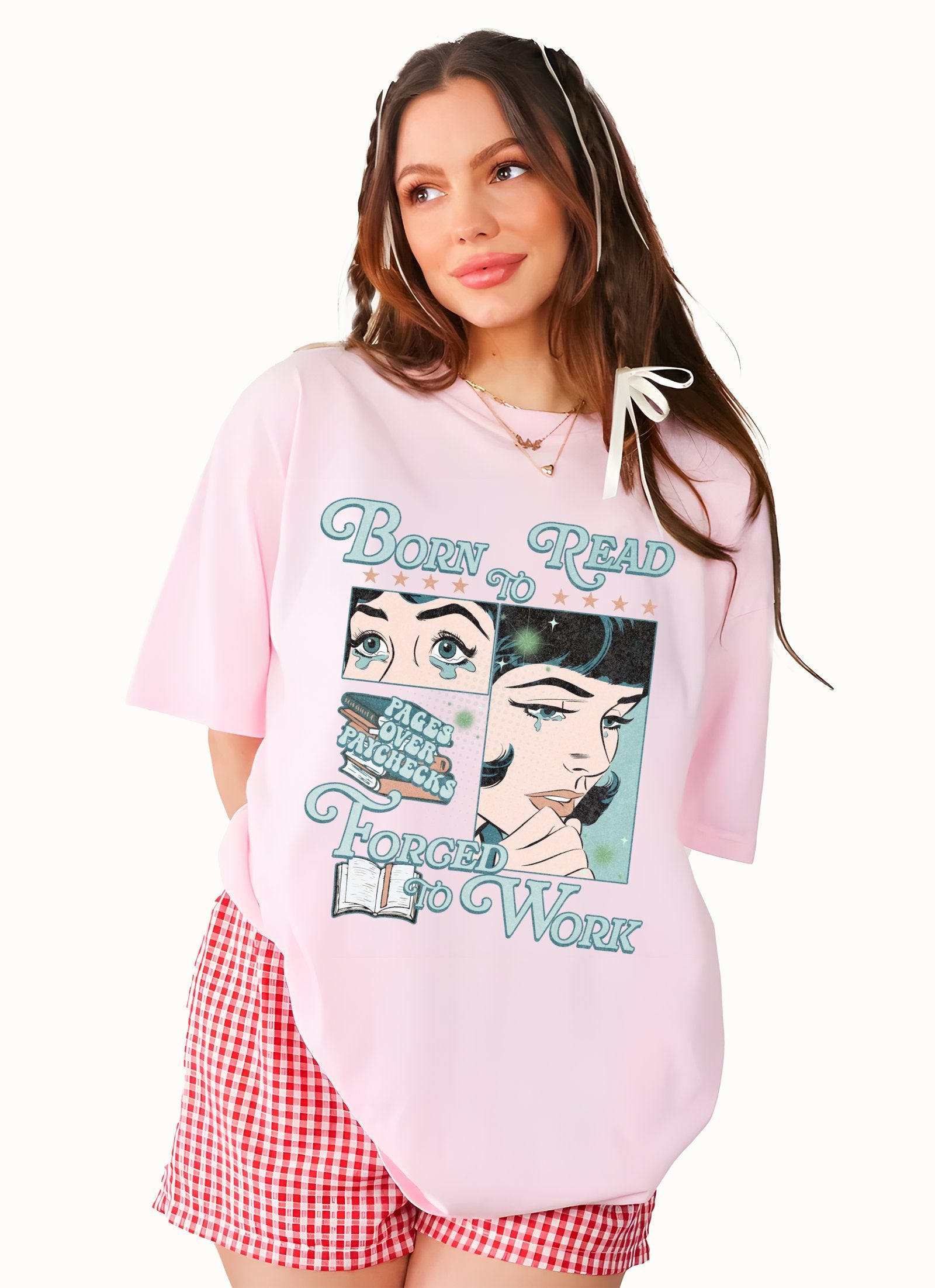 Funny Reading Shirt, Born to Read Forced to Work Tee, Comic Style Bookworm Gift, Pages over Paychecks Pink