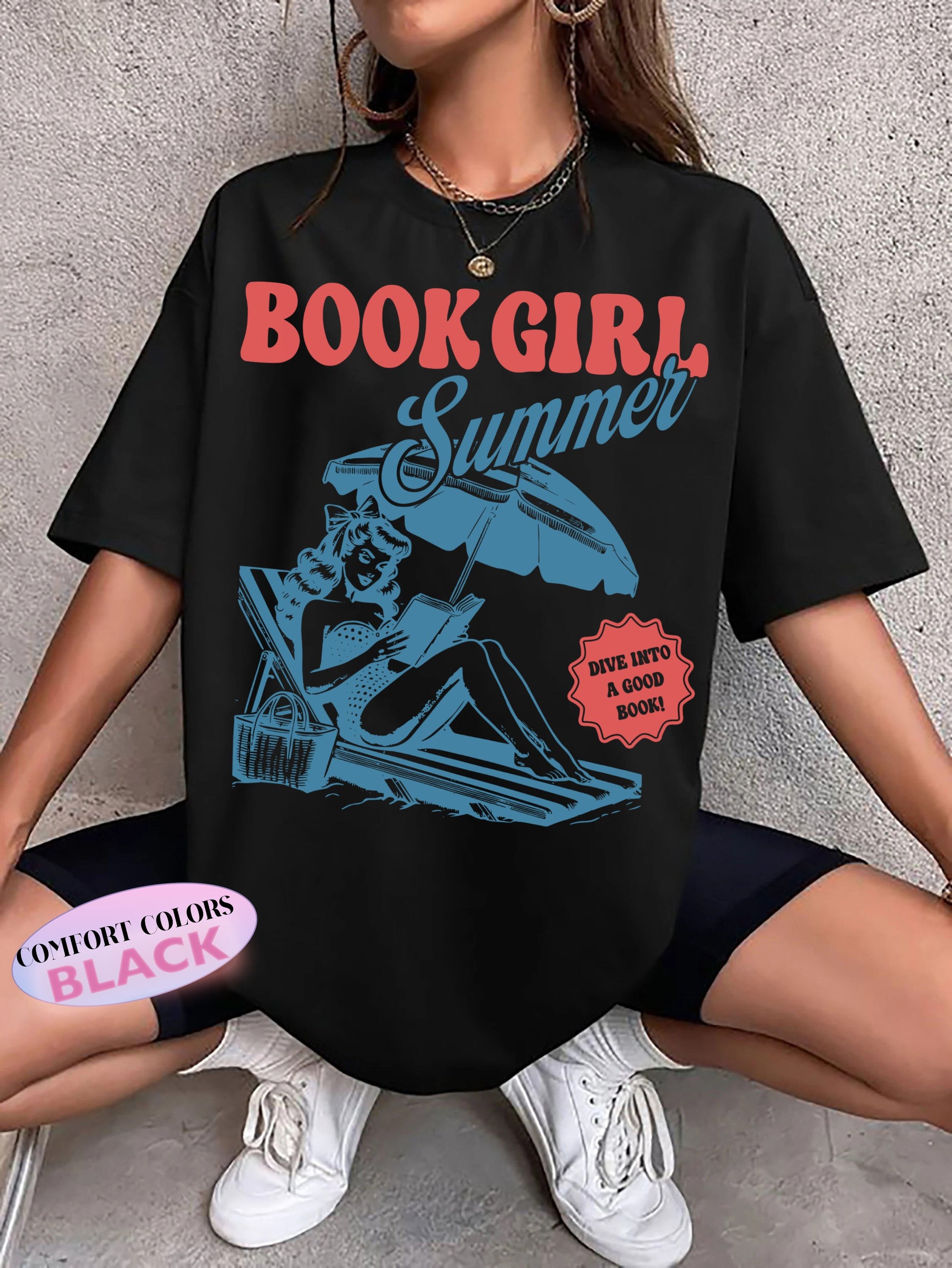 Vintage Book Girl Summer T-Shirt, Retro Beach Reading Shirt Dive Into A Good Book, Book Lover Gift Trendy Summer Top Reader Oversized Beach