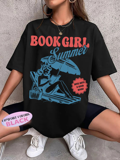 Vintage Book Girl Summer T-Shirt, Retro Beach Reading Shirt Dive Into A Good Book, Book Lover Gift Trendy Summer Top Reader Oversized Beach