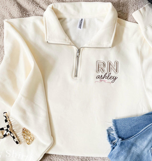 Embroidered RN 1/4 Zip Sweatshirt: Nursing Student Gift