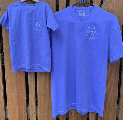 Glow-in-the-Dark Embroidered Ghost Cat Tee - Custom Halloween Shirt