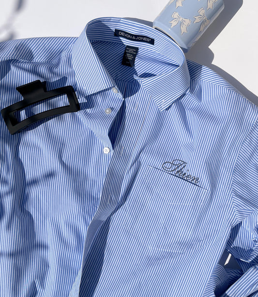 Oxford Pinstripe Button Up Shirt Stripe Button Down 90s Preppy Button Down Oxford Shirt Minimalist Embroidery Pocket Oxford Shirt Embroidery