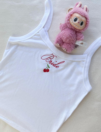 Custom Embroidered Cherry Tank Spaghetti Strap Tank Top Personalized Women Cropped Ribbed Tank Top Custom Bride Bridal Party Custom Y2K Top