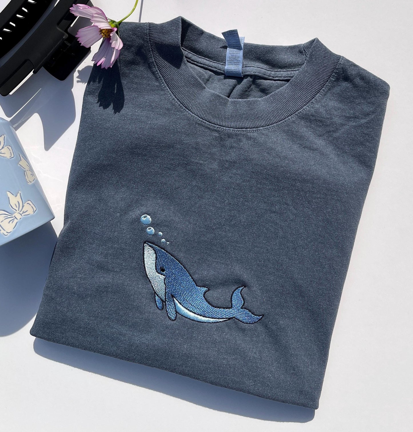 Whale Embroidered Garment Dyed Tee Animal Shirt Embroidered All is Whale Shirt Ocean Lover Shirt Cute Tee Sea Lover Embroidered Shirt