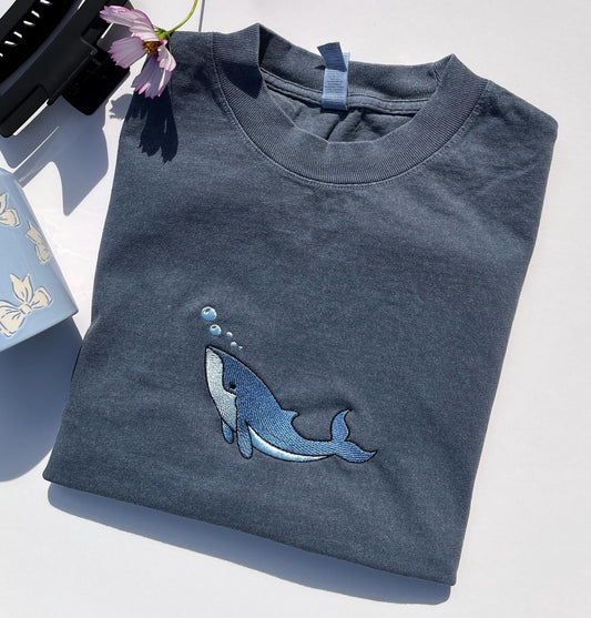 Whale Embroidered Garment Dyed Tee Animal Shirt Embroidered All is Whale Shirt Ocean Lover Shirt Cute Tee Sea Lover Embroidered Shirt