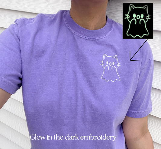 Embroidered Glow-in-the-Dark Ghost Cat Halloween Shirt - Comfort Colors Tee