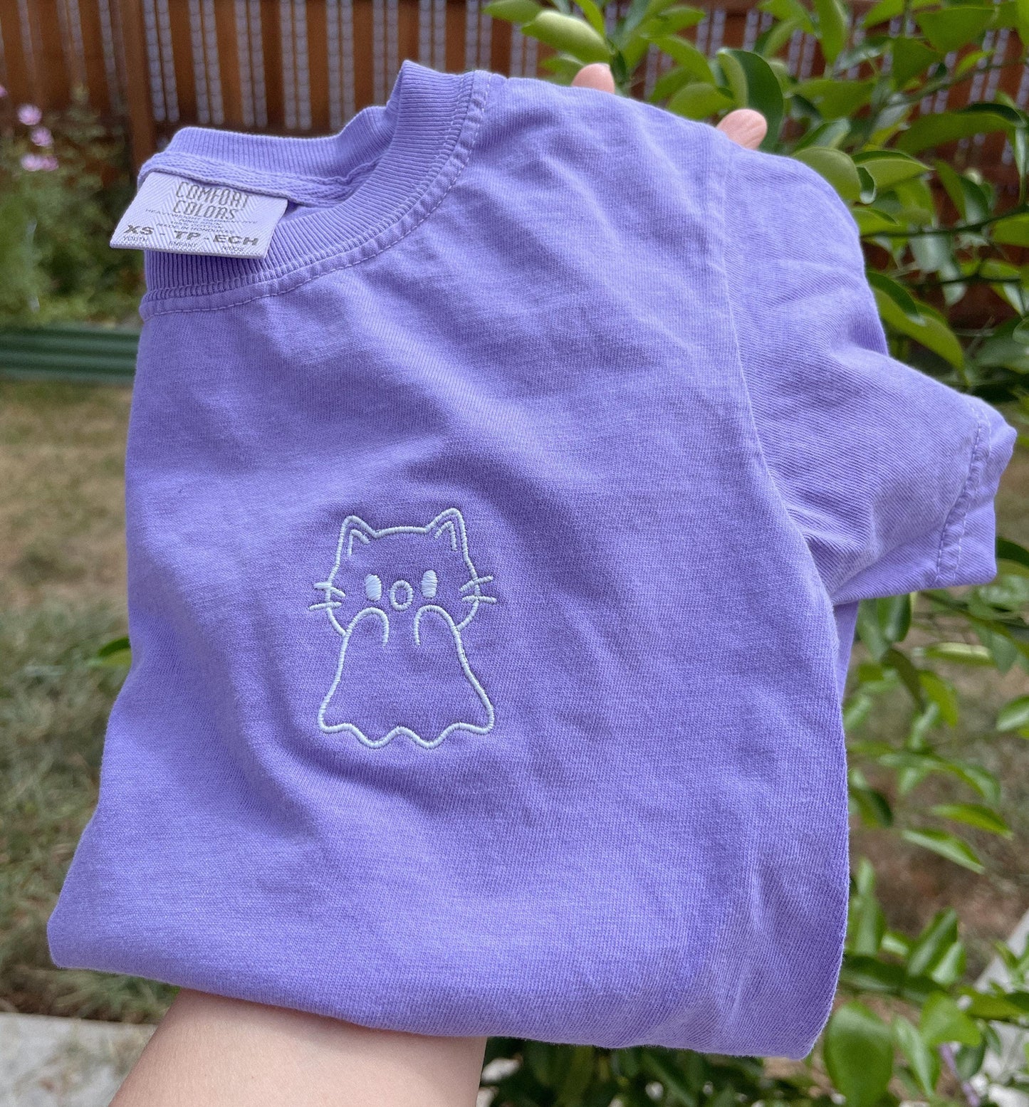 Glow-in-the-Dark Embroidered Ghost Cat Tee - Custom Halloween Shirt