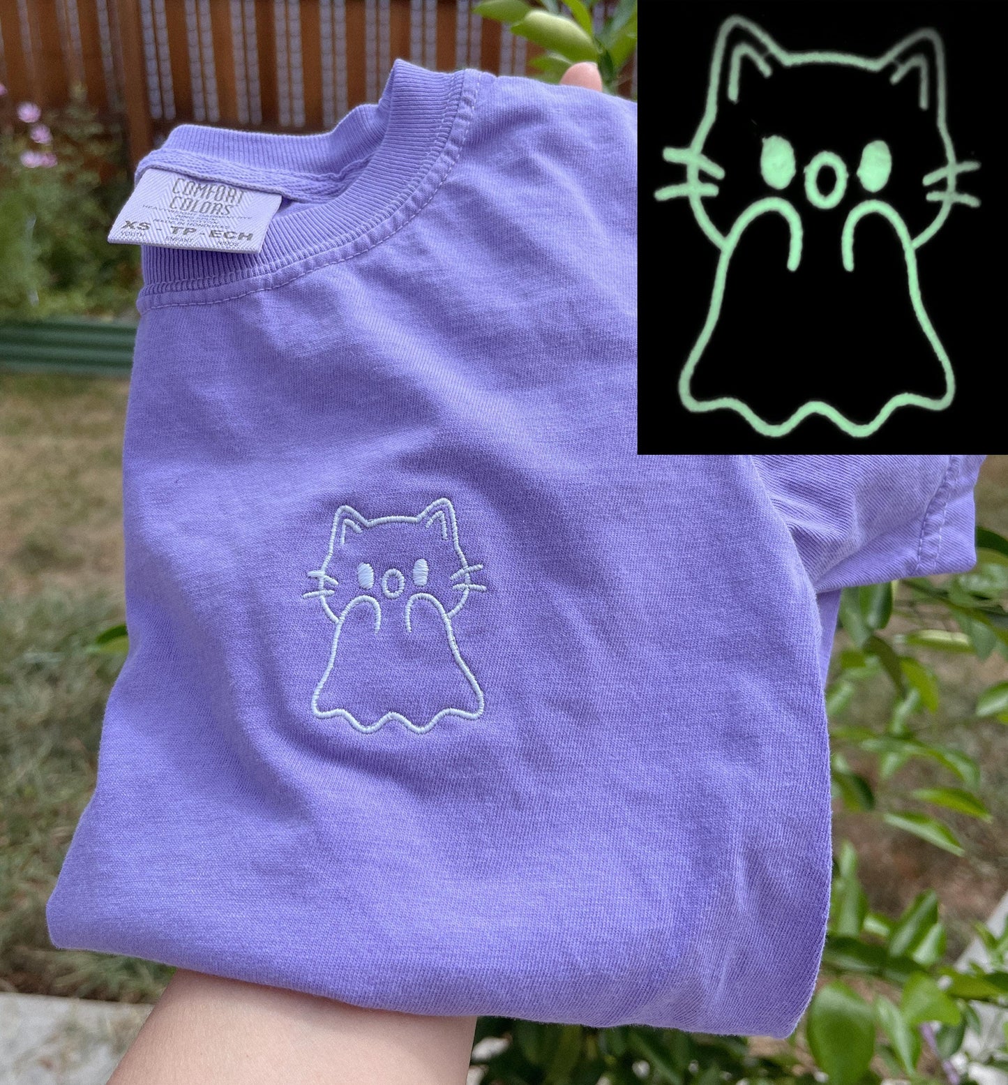 Glow-in-the-Dark Embroidered Ghost Cat Tee - Custom Halloween Shirt