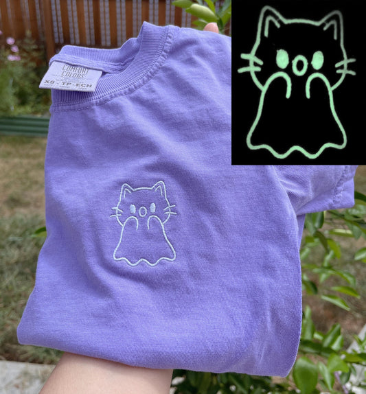 Glow-in-the-Dark Embroidered Ghost Cat Tee - Custom Halloween Shirt