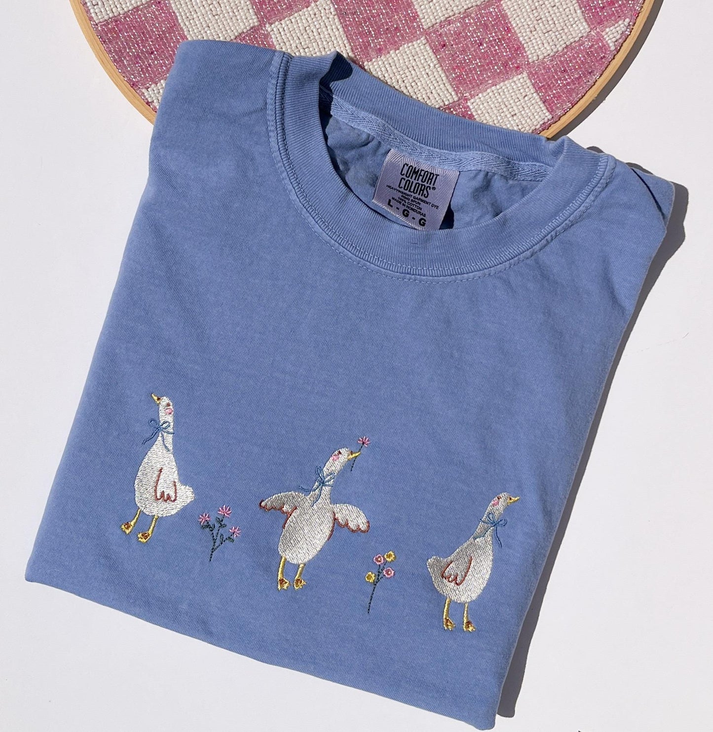 Goose Embroidered Tee Embroidered Duck Shirt Embroidered Goose Shirt Ducks & Flowers Tee Embroidered Geese Flowers T-Shirt