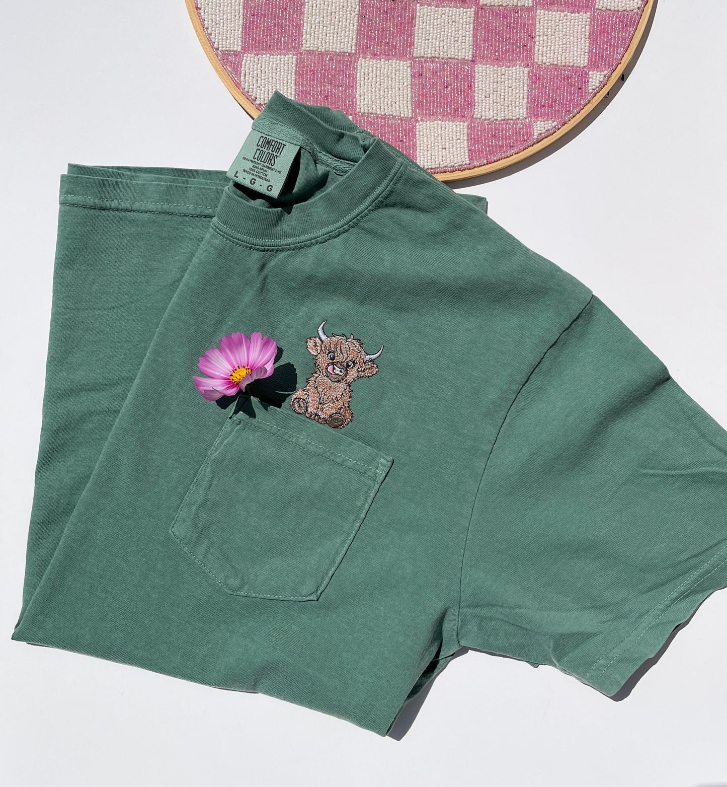 Embroidered Baby Highland Cow Original Embroidery Design Comfort Colors Pocket Highland Cow Tee Embroidered Fluffy Highland Cow T-shirt