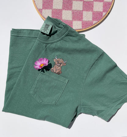 Embroidered Baby Highland Cow Original Embroidery Design Comfort Colors Pocket Highland Cow Tee Embroidered Fluffy Highland Cow T-shirt