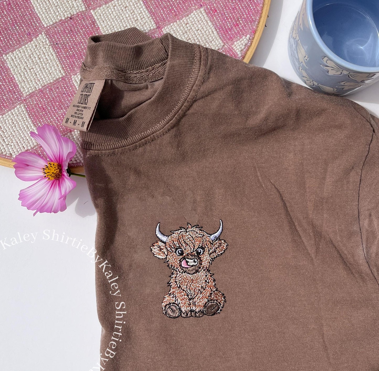 Fluffy Embroidered Highland Cow Personalized Comfort Colors Long Sleeve T Shirt Left Chest Embroidery Garment Dyed Long Sleeve Top Mom Gift