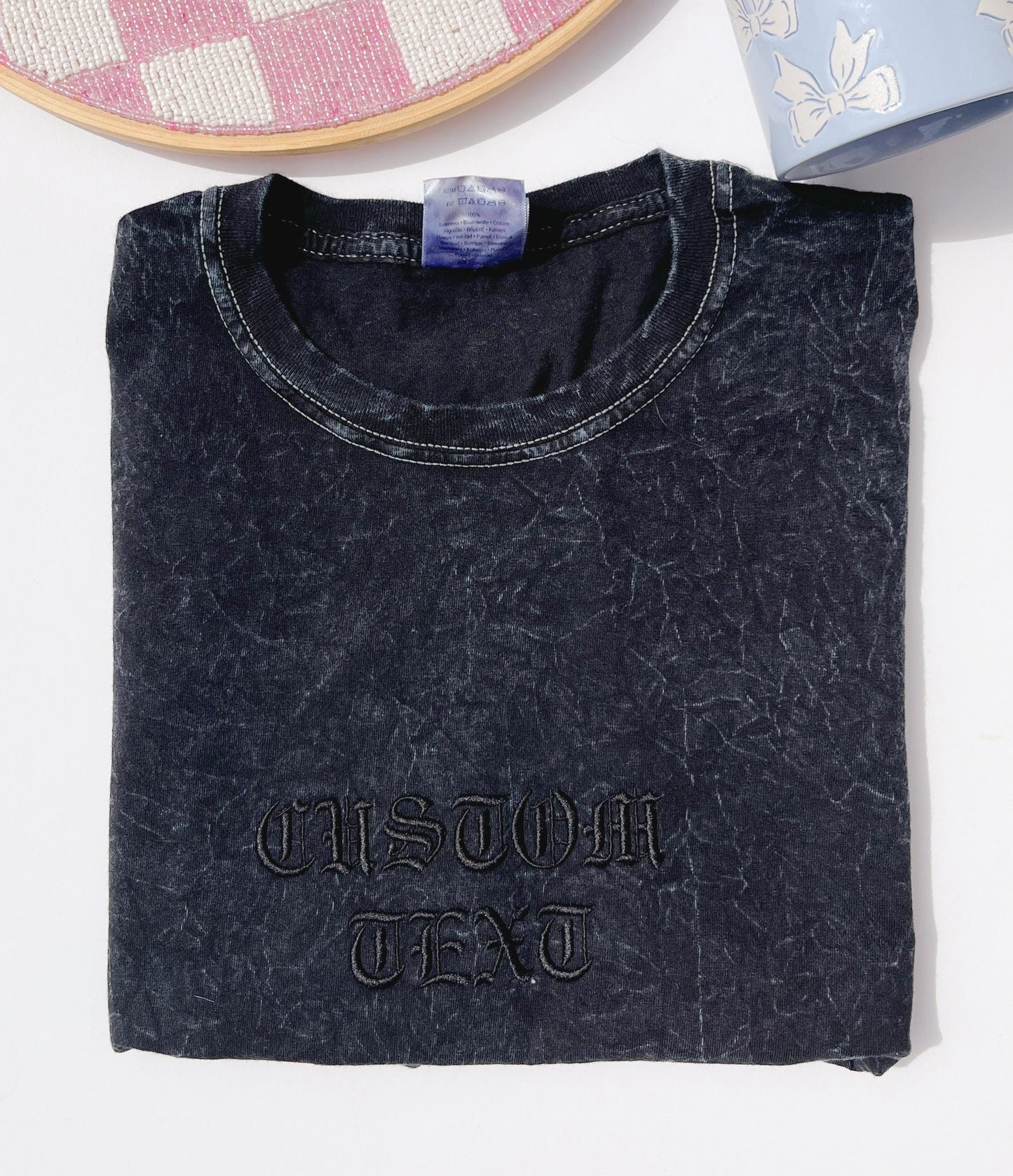 Gothic T-Shirt Embroidered Mineral Wash Tshirt Embroidered Tee Vintage Top Embroidered Tshirt Gift for Him Personalized Old English Font Tee