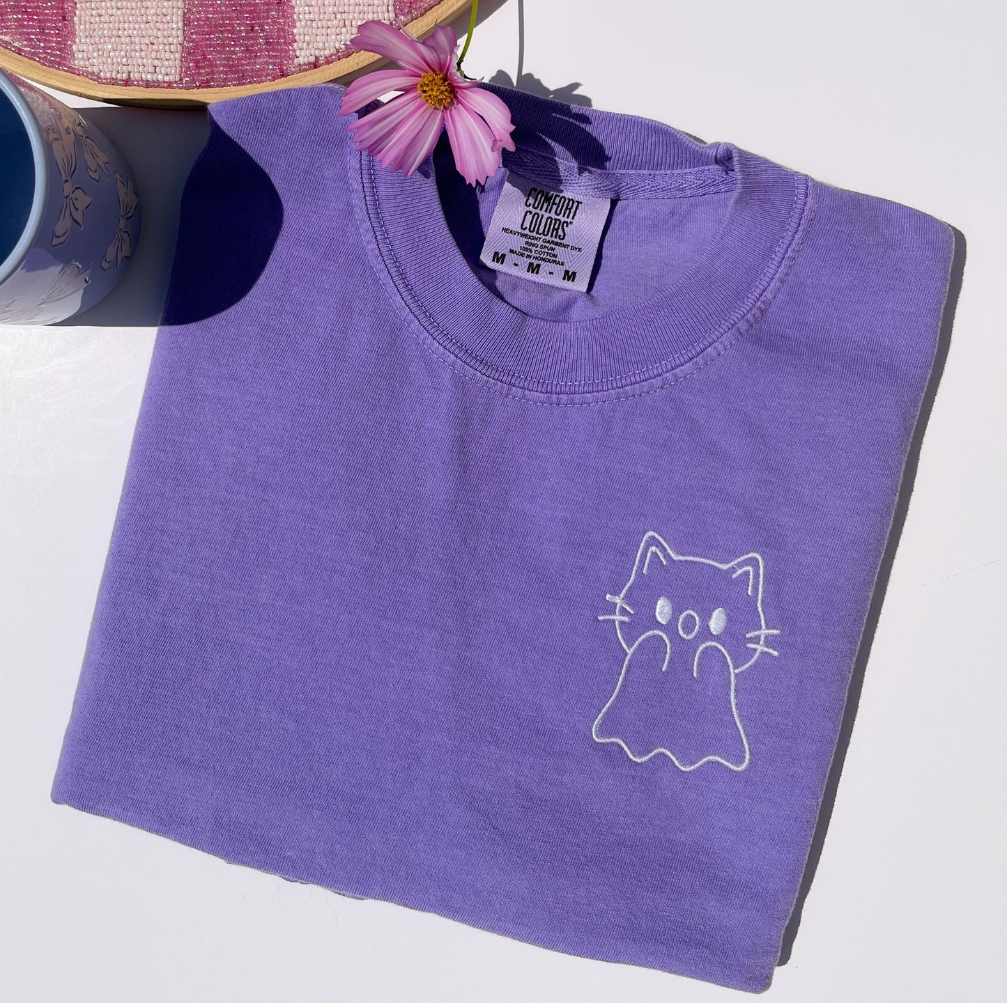 Embroidered Glow-in-the-Dark Ghost Cat Halloween Shirt - Comfort Colors Tee
