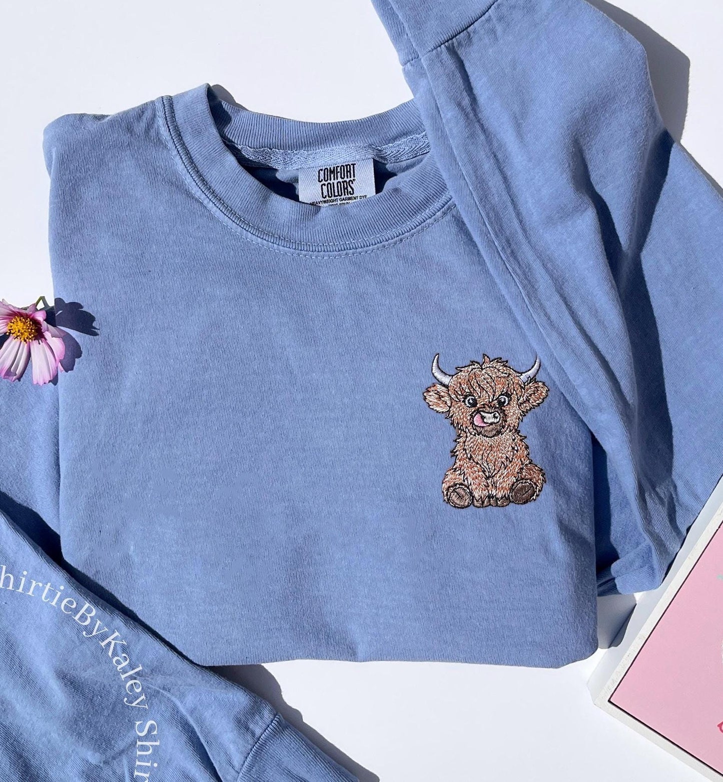 Fluffy Embroidered Highland Cow Personalized Comfort Colors Long Sleeve T Shirt Left Chest Embroidery Garment Dyed Long Sleeve Top Mom Gift