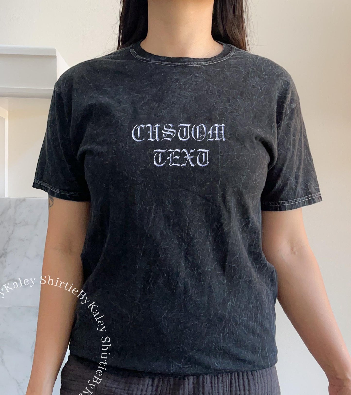 Gothic T-Shirt Embroidered Mineral Wash Tshirt Embroidered Tee Vintage Top Embroidered Tshirt Gift for Him Personalized Old English Font Tee