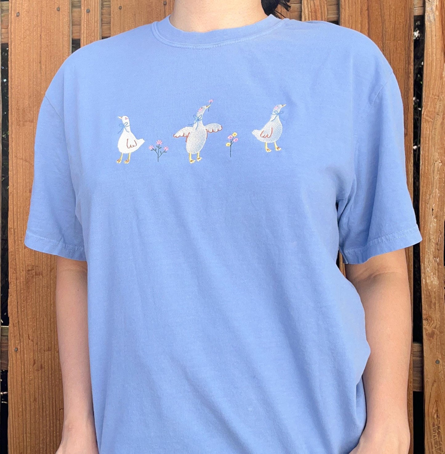 Goose Embroidered Tee Embroidered Duck Shirt Embroidered Goose Shirt Ducks & Flowers Tee Embroidered Geese Flowers T-Shirt