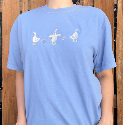 Goose Embroidered Tee Embroidered Duck Shirt Embroidered Goose Shirt Ducks & Flowers Tee Embroidered Geese Flowers T-Shirt