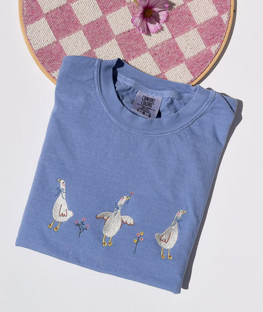 Goose Embroidered Tee Embroidered Duck Shirt Embroidered Goose Shirt Ducks & Flowers Tee Embroidered Geese Flowers T-Shirt