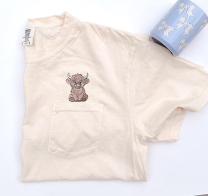 Embroidered Baby Highland Cow Original Embroidery Design Comfort Colors Pocket Highland Cow Tee Embroidered Fluffy Highland Cow T-shirt