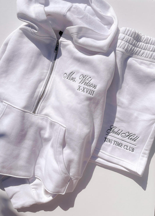 Custom Embroidered Bridal Hoodie Shorts Set Personalized Bridesmaid Pajama Set Custom Cozy Lounge Wear Custom Wedding Week Gift Bridal Top