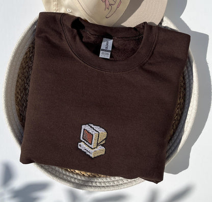 Retro Computer Embroidered Sweatshirt Pixelated Style Gamer Crewneck Vintage Tech Embroidery Geek Gift Nerd Gift Old Computer Fan Gift
