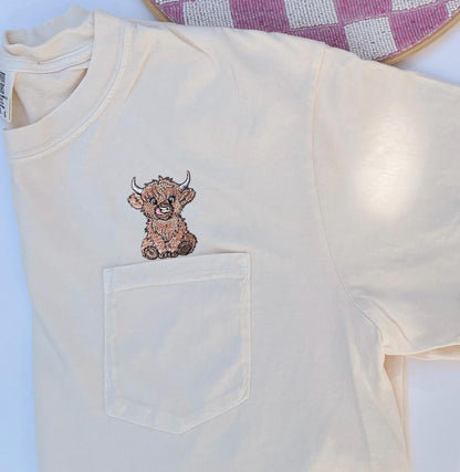 Embroidered Baby Highland Cow Original Embroidery Design Comfort Colors Pocket Highland Cow Tee Embroidered Fluffy Highland Cow T-shirt