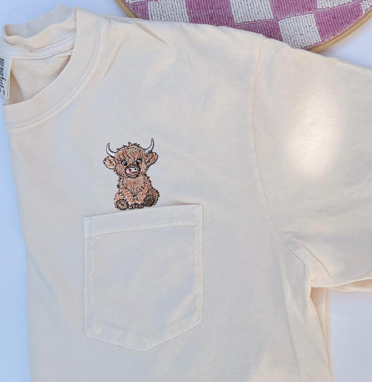 Embroidered Baby Highland Cow Original Embroidery Design Comfort Colors Pocket Highland Cow Tee Embroidered Fluffy Highland Cow T-shirt