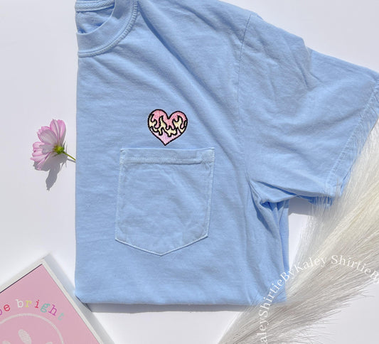 Embroidered Pastel Heart on Fire Pocket Comfort Colors Tshirt Embroidered BookishTop Embroidered Fiery Heart Shirt Fairycore Flaming Heart