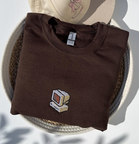 Retro Computer Embroidered Sweatshirt Pixelated Style Gamer Crewneck Vintage Tech Embroidery Geek Gift Nerd Gift Old Computer Fan Gift