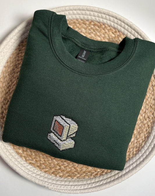 Retro Computer Embroidered Sweatshirt Pixelated Style Gamer Crewneck Vintage Tech Embroidery Geek Gift Nerd Gift Old Computer Fan Gift