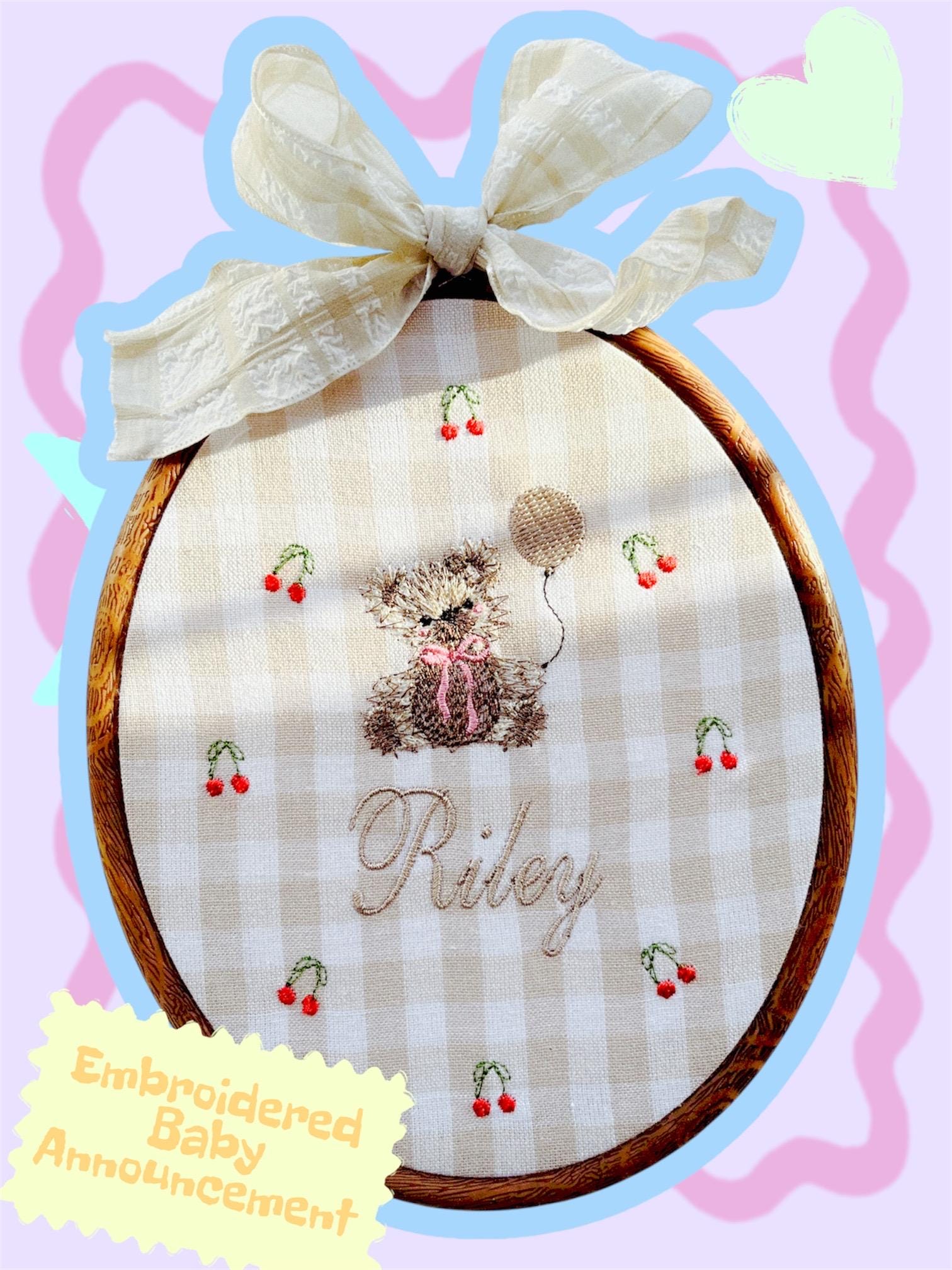 Personalized Baby Name Announcement Sign Neutral Nursery Decor Beige Nursery Room Bear Embroidery Wallart Bear Vintage Hoop