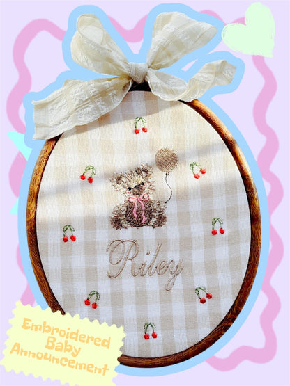 Personalized Baby Name Announcement Sign Neutral Nursery Decor Beige Nursery Room Bear Embroidery Wallart Bear Vintage Hoop