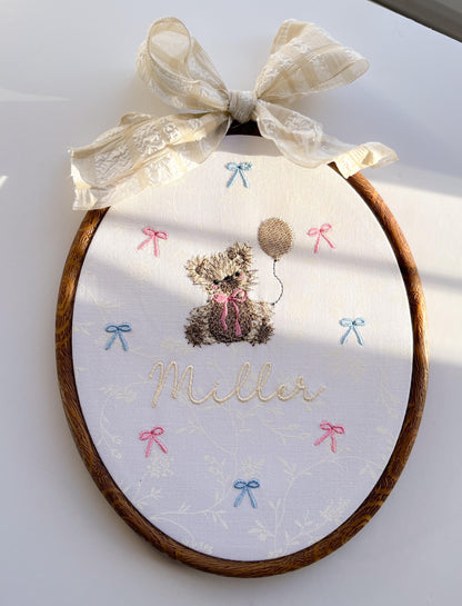 Personalized Baby Name Announcement Sign Neutral Nursery Decor Beige Nursery Room Bear Embroidery Wallart Bear Vintage Hoop