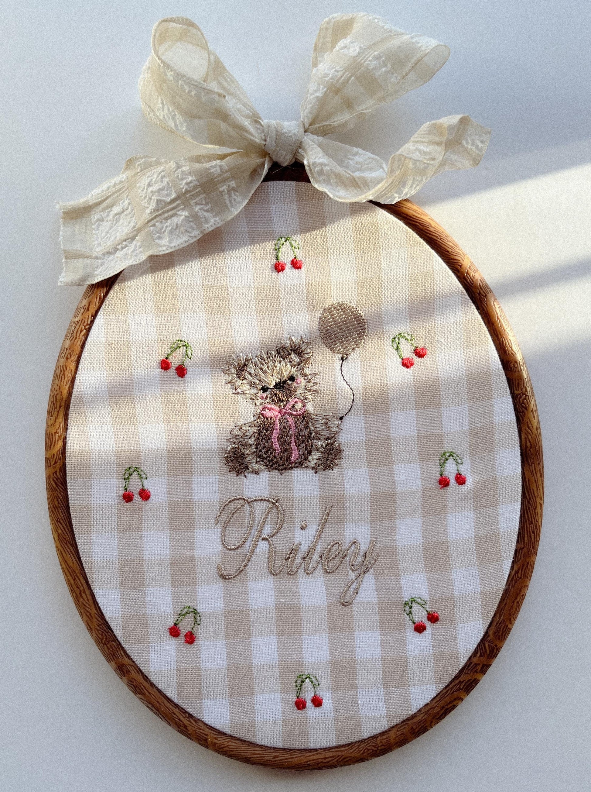 Personalized Baby Name Announcement Sign Neutral Nursery Decor Beige Nursery Room Bear Embroidery Wallart Bear Vintage Hoop