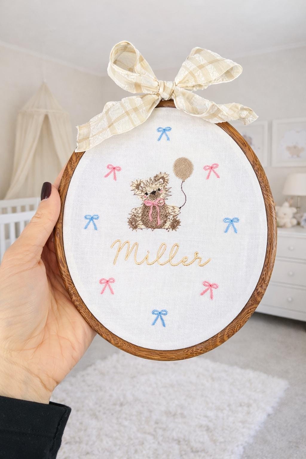 Personalized Baby Name Announcement Sign Neutral Nursery Decor Beige Nursery Room Bear Embroidery Wallart Bear Vintage Hoop