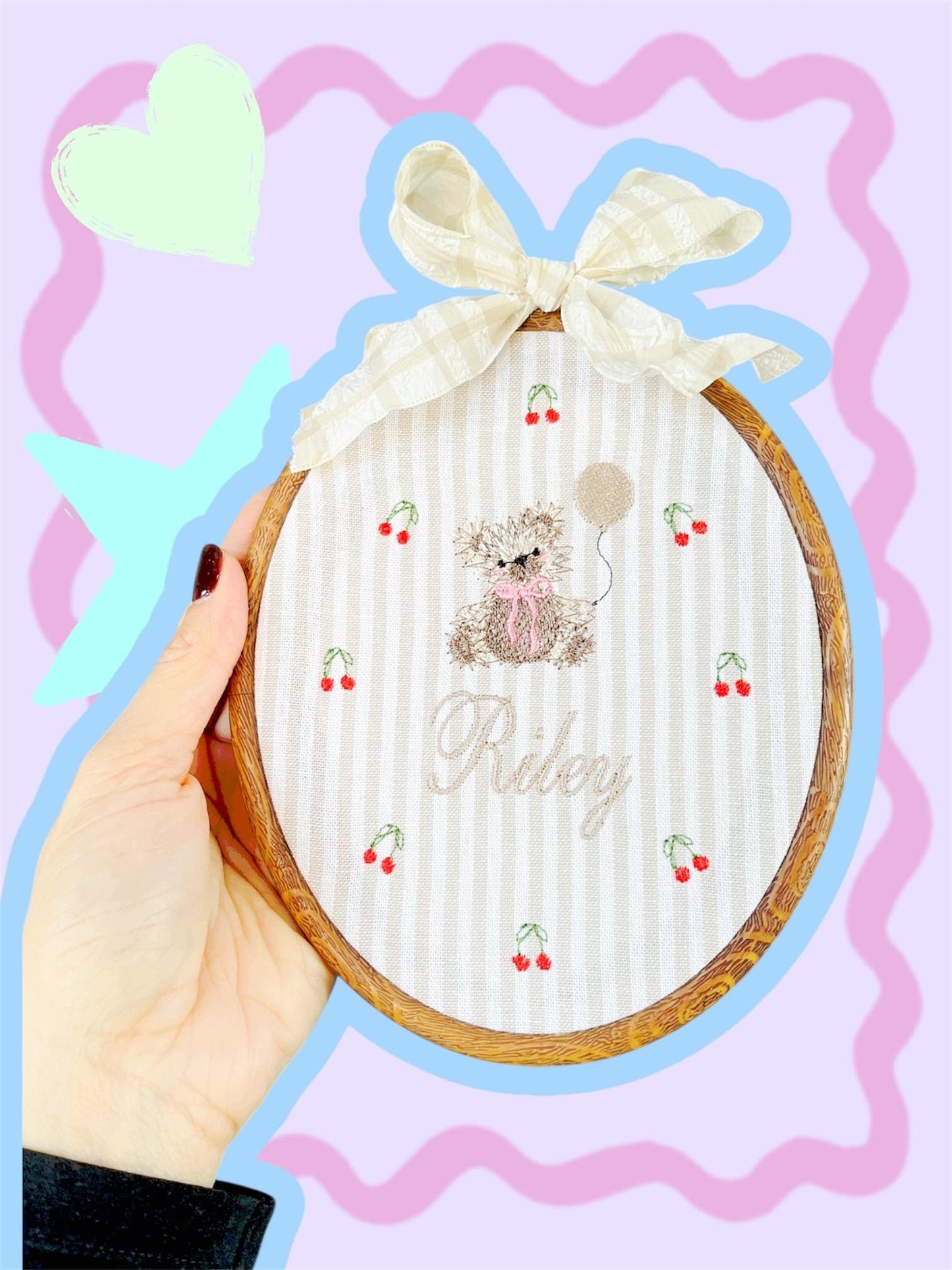 Personalized Baby Name Announcement Sign Neutral Nursery Decor Beige Nursery Room Bear Embroidery Wallart Bear Vintage Hoop
