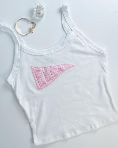 College Pennant Patchwork Tank Top Custom Gift Senior Football Games College Merch Embroidered Baby Tee Custom Tank Top Y2K Tank Top Gift