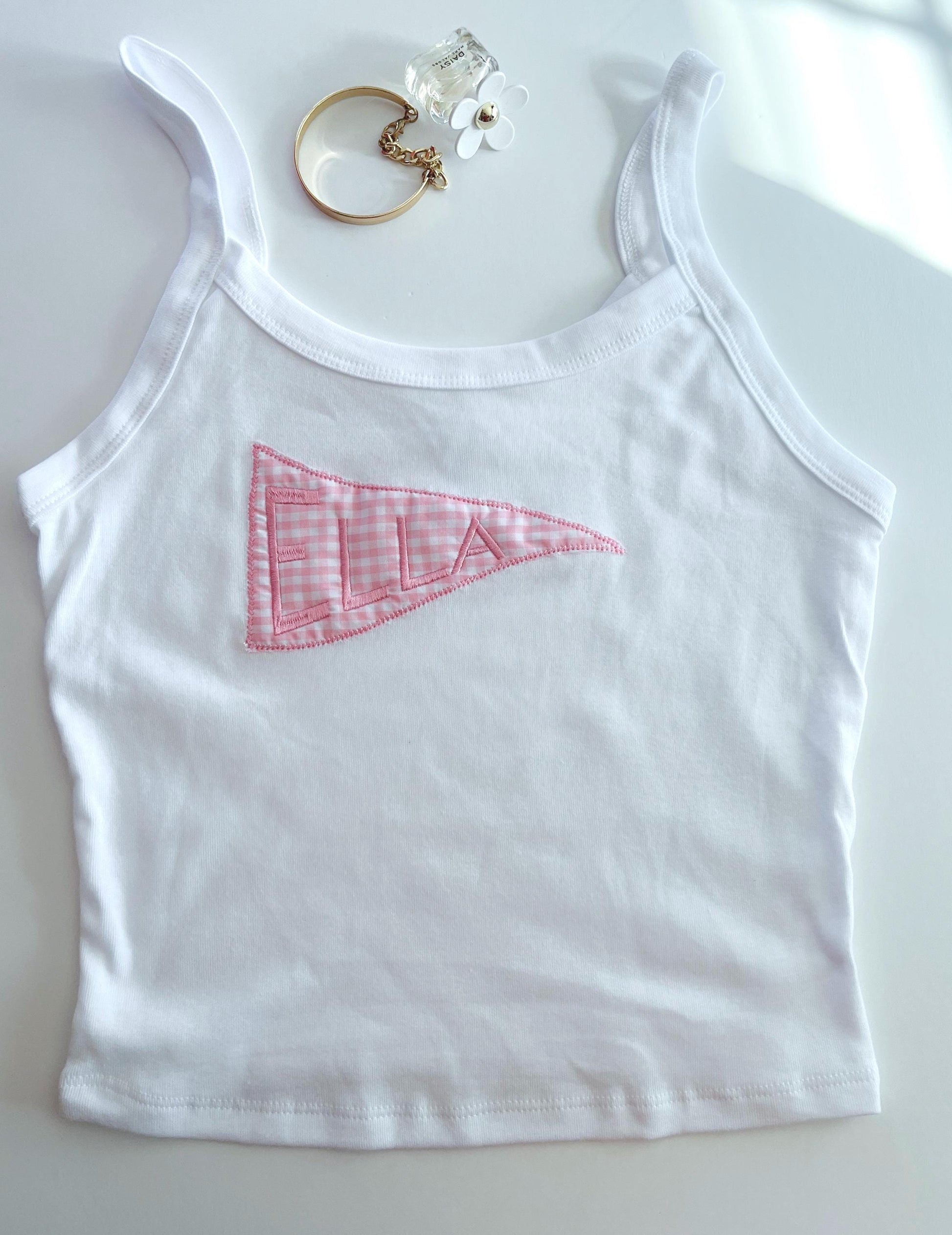 College Pennant Patchwork Tank Top Custom Gift Senior Football Games College Merch Embroidered Baby Tee Custom Tank Top Y2K Tank Top Gift