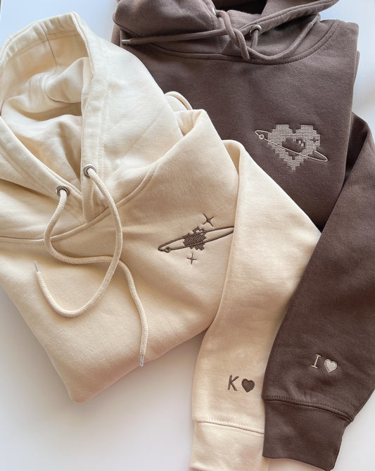 Custom Embroidered Sweatshirt Pixel Heart Puzzle Piece Couples Hoodie Initial With Heart On Sleeve Anniversary Gift Valentines Day Gift