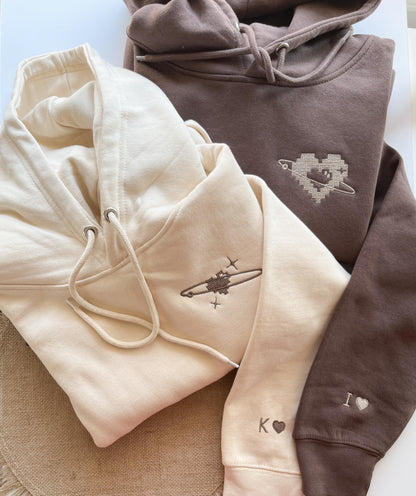 Custom Embroidered Sweatshirt Pixel Heart Puzzle Piece Couples Hoodie Initial With Heart On Sleeve Anniversary Gift Valentines Day Gift