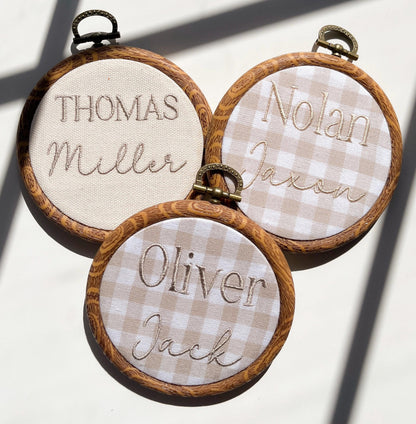 Embroidered Baby Name Announcement Sign Gingham Nursery Decor Neutral Nursery Decor Brown Aesthetic Nursery