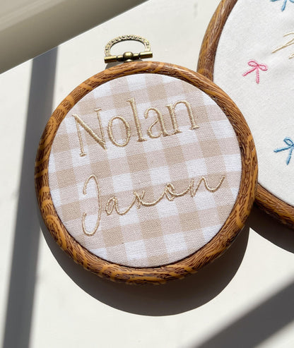 Embroidered Baby Name Announcement Sign Gingham Nursery Decor Neutral Nursery Decor Brown Aesthetic Nursery