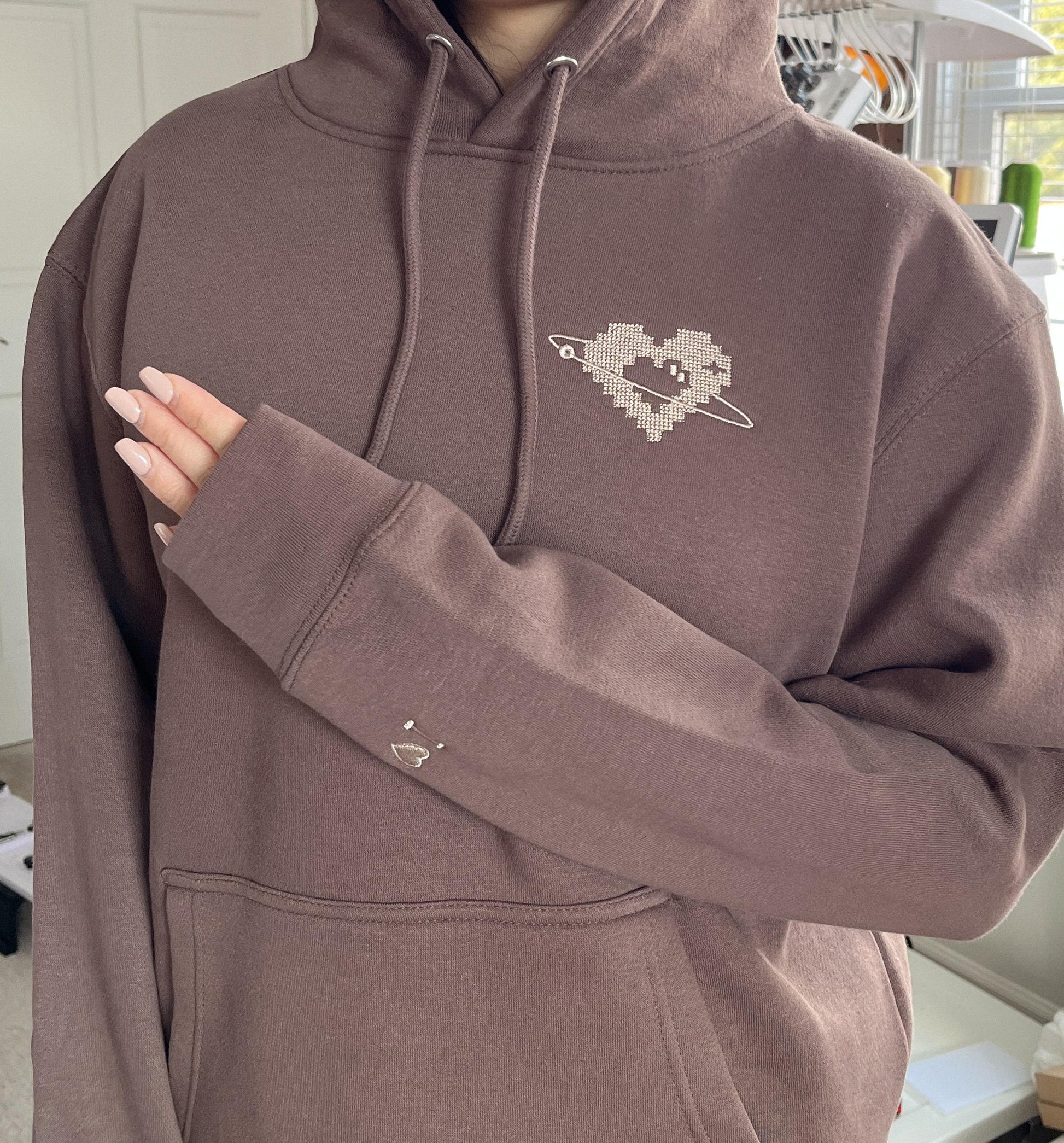 Custom Embroidered Sweatshirt Pixel Heart Puzzle Piece Couples Hoodie Initial With Heart On Sleeve Anniversary Gift Valentines Day Gift