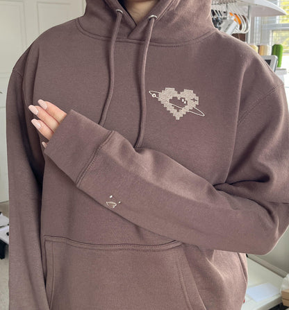 Custom Embroidered Sweatshirt Pixel Heart Puzzle Piece Couples Hoodie Initial With Heart On Sleeve Anniversary Gift Valentines Day Gift