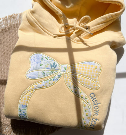 Custom Butter Yellow Hoodie Embroidered Patchwork Bow Hoodie Pastel Bow Sweatshirt Custom Patchwork Hoodie Cute Coquette Bow Applique Hoodie