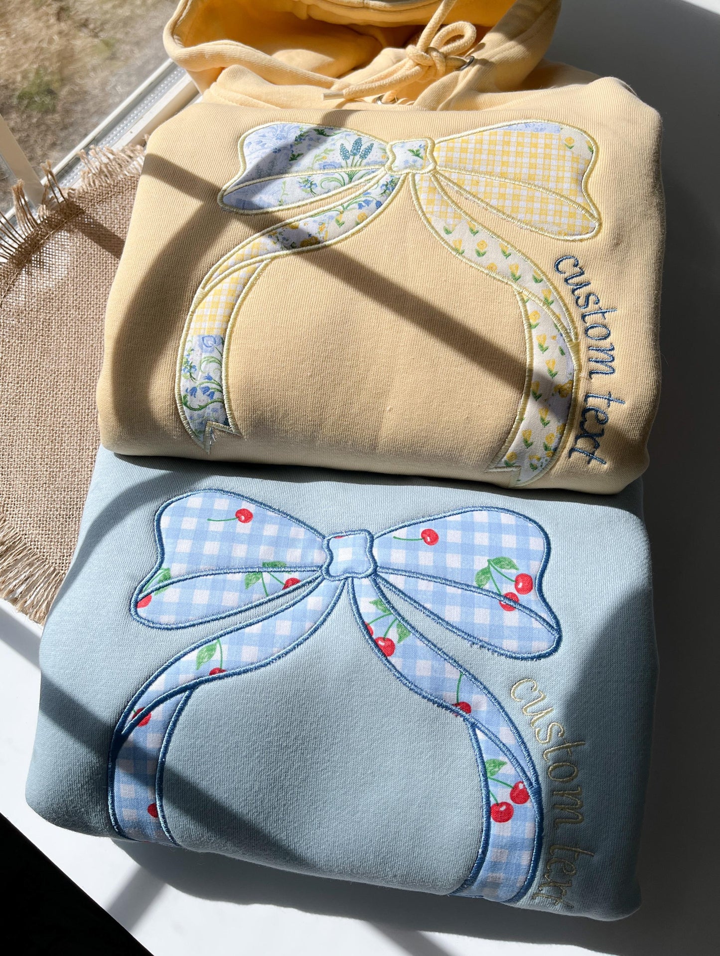 Custom Butter Yellow Hoodie Embroidered Patchwork Bow Hoodie Pastel Bow Sweatshirt Custom Patchwork Hoodie Cute Coquette Bow Applique Hoodie